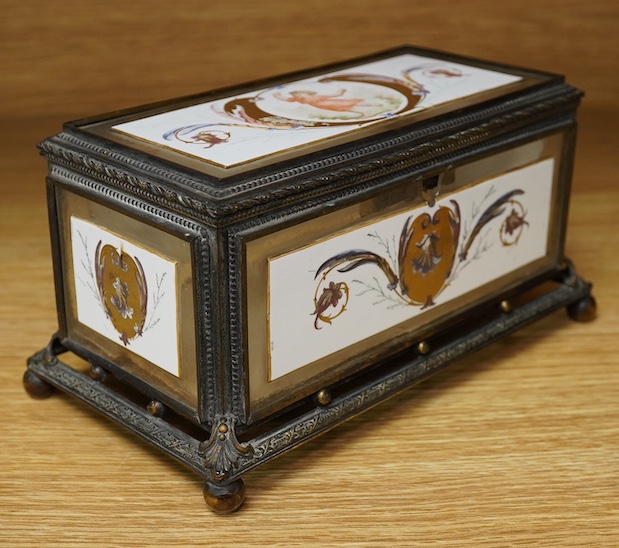 An early 20th century French painted glass and gilt metal casket, 20cm wide. Condition - fair